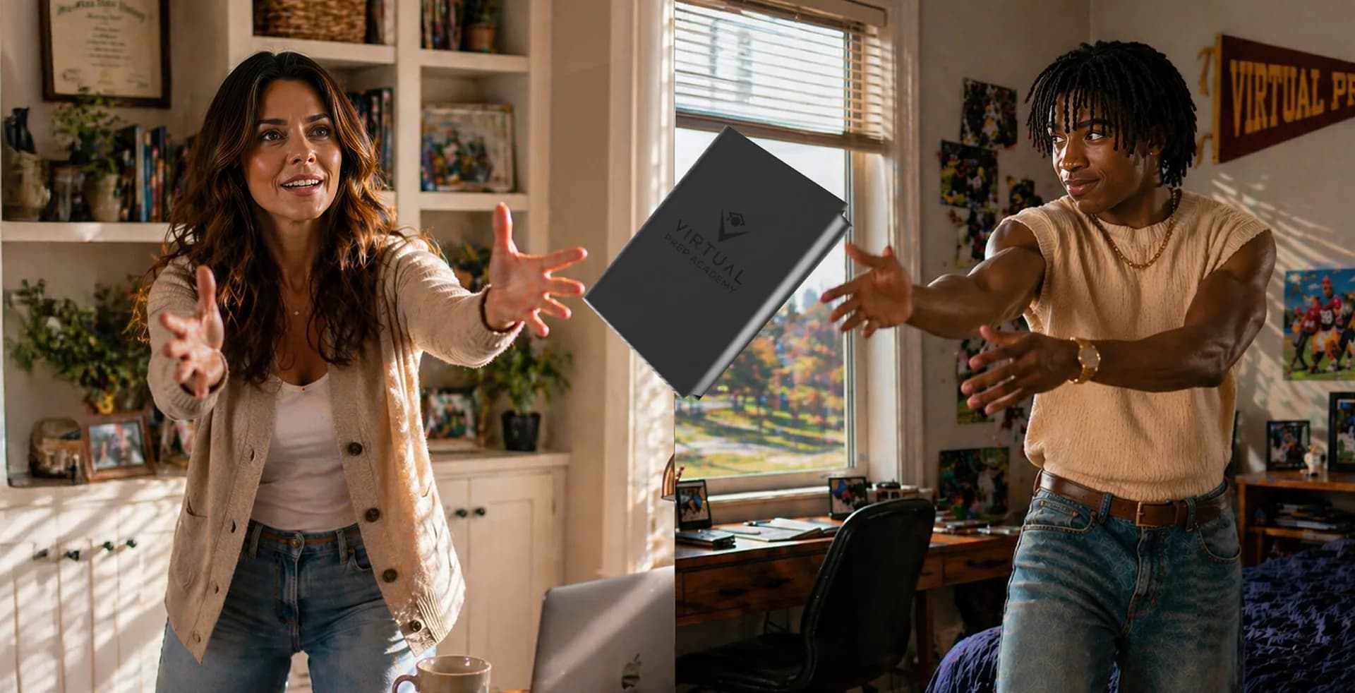 A parent tosses a Virtual Prep Academy book to a student across two rooms at home