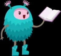 happy blue creature holding a book