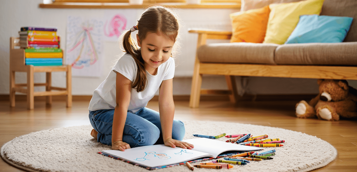 Child drawing on a rug with crayons and a book.
